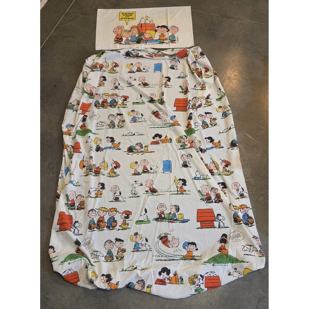 Vintage Peanuts Snoopy Fitted Sheet Pillowcase Set Full Size 1971 Charlie Brown